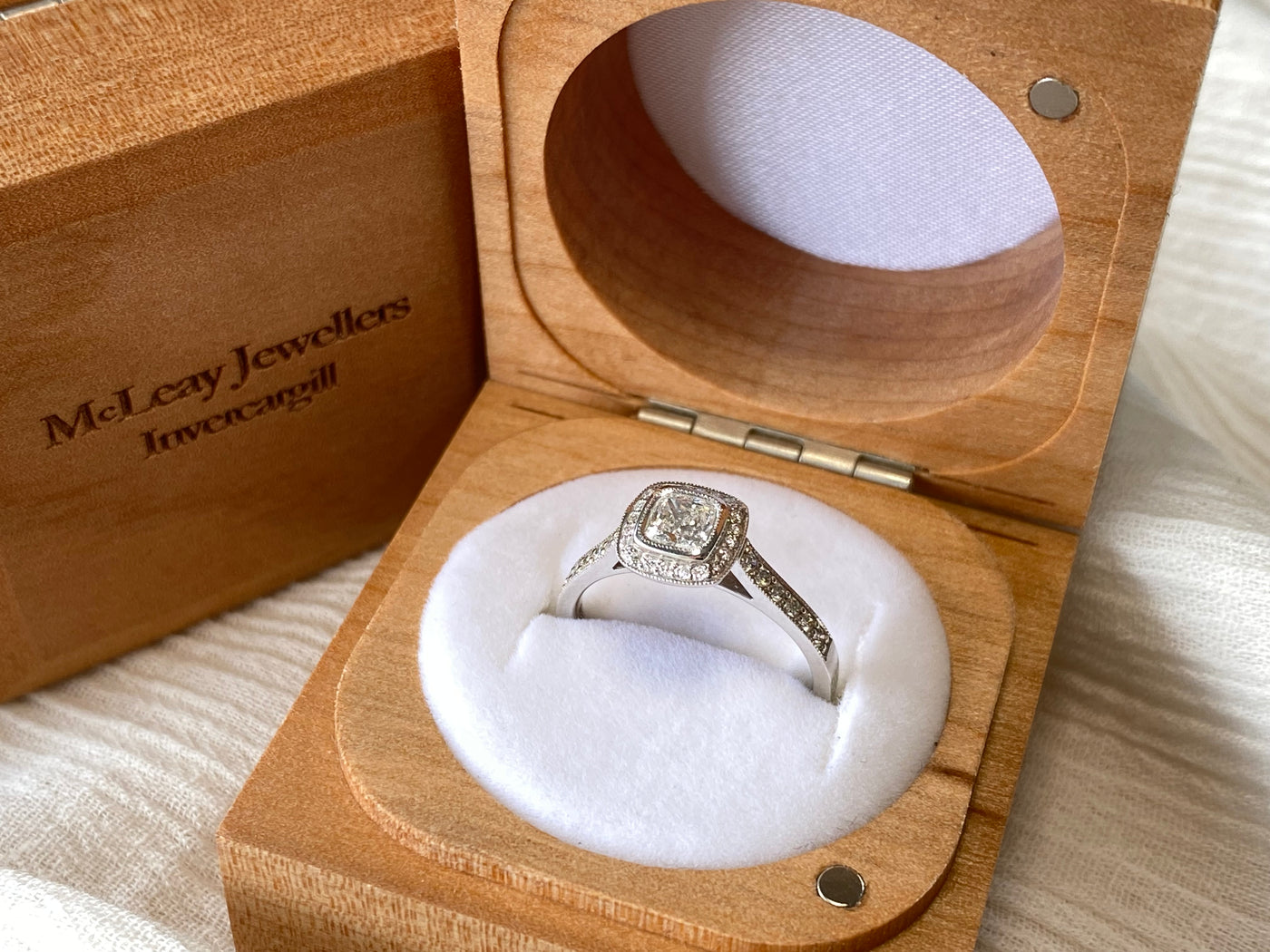 18ct white gold Cushion Halo Diamond Ring